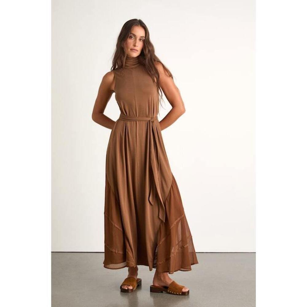 Lulus Jessa Brown Jersey Knit Mock Neck Maxi Dress - Size S (worn once)